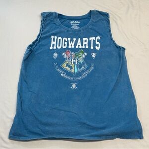 Hogwarts Crest‎ Distressed Washed Blue Braided Sleeve Openings Muscle Tank Top M